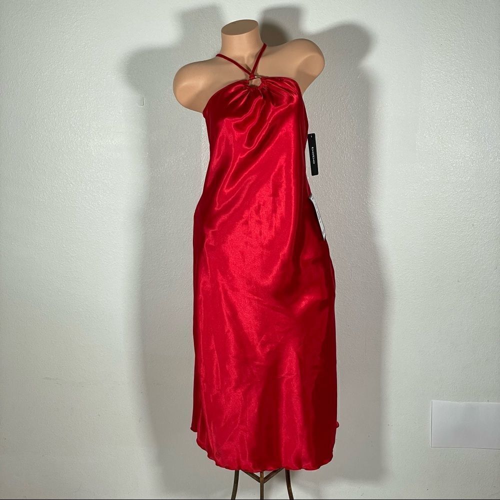 NWT bebe Red Satin Halter Sexy & Classy Keyhole Gold Hardware Maxi Slip Dress
